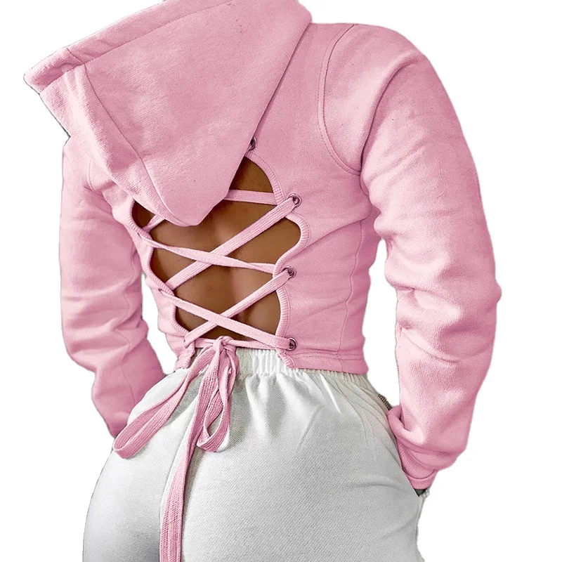

Women Sexy Lace Up Hooded Sweater Female Crop Top Back Cut Hoodie Fitness Sweatshirt Pullover