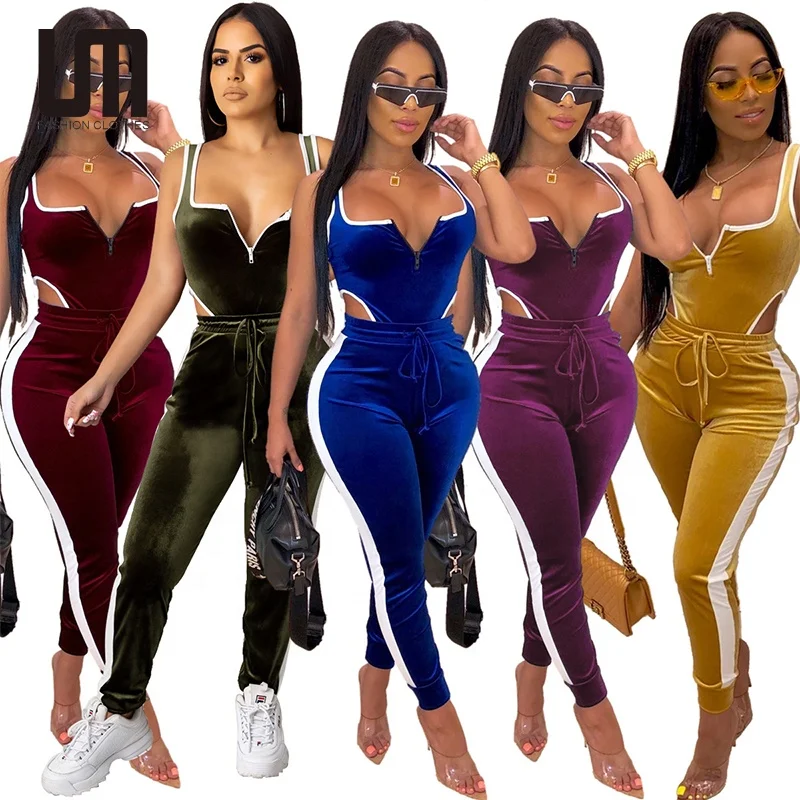 

2021 New Fashion Women Summer Velvet Sports Suit Sleeveless Halter Gym Tank Tops Bodysuit Leggings Jogging Casual Two Piece Set