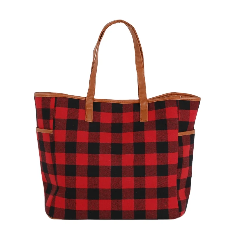

Wholesale Custom Canvas Handbag Set Red Buffalo Plaid Shoulder Bag With Wristlet Tote Bag Set, As pics show
