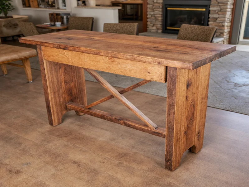 Artisan hand-sanding reclaimed wood furniture piece