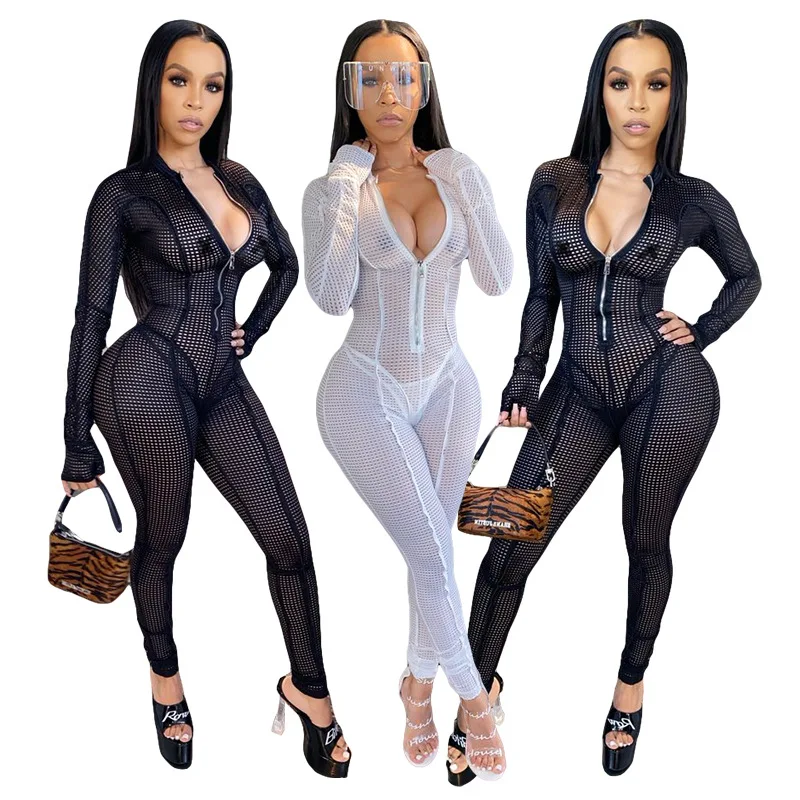

2021 New Arrivals Fashion Women Sexy Stand Neck Front Zipper Flared Sleeve Slim Pants Plaid Hollow Out See-through Jumpsuit, Picture show