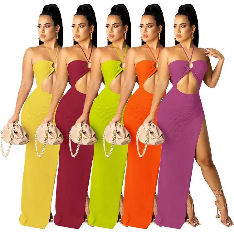 

New style women's halter neck wrapped chest legs fashionable sexy long dresses for women Elegant Casual Dresses, 5 colors