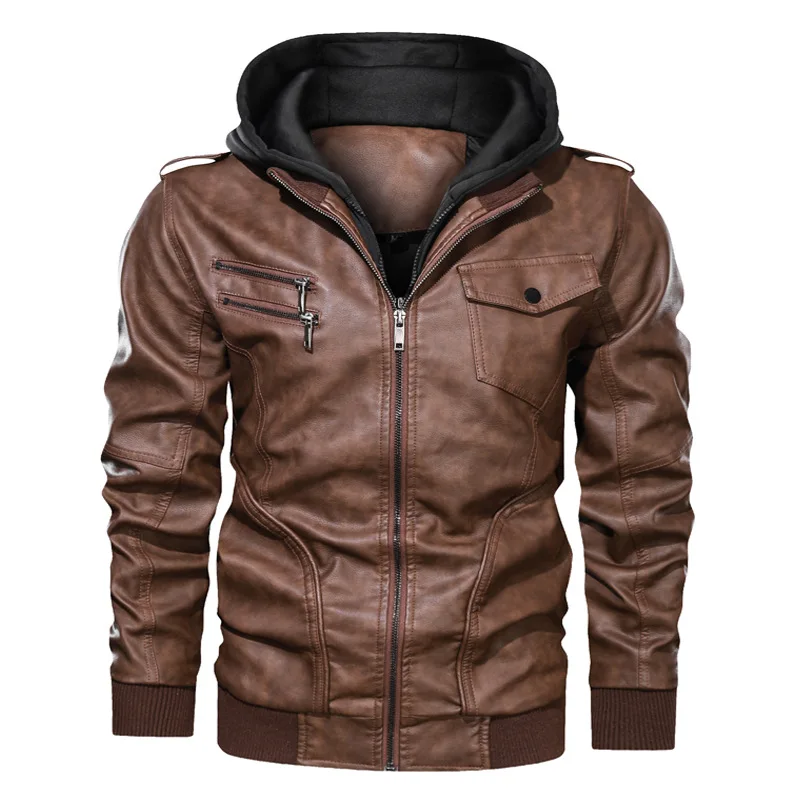 

EU SIZE Fashion Winter Hooded Wash Plus Size Vintage PU Leather Biker Motorcycle Jacket For Men, Brown and black