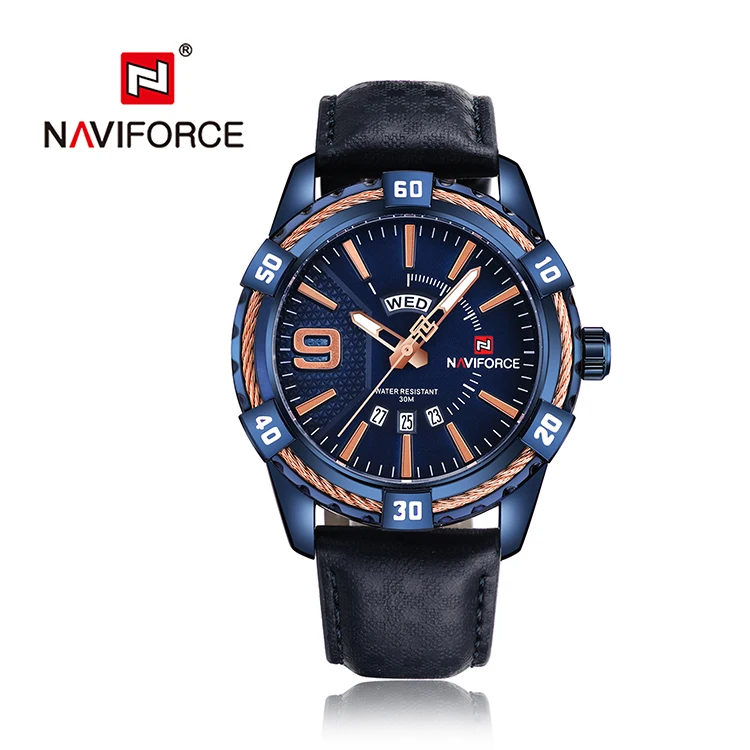 

Hot selling NAVIFORCE 9117 Leather Business Man Day Week Function Watches Men