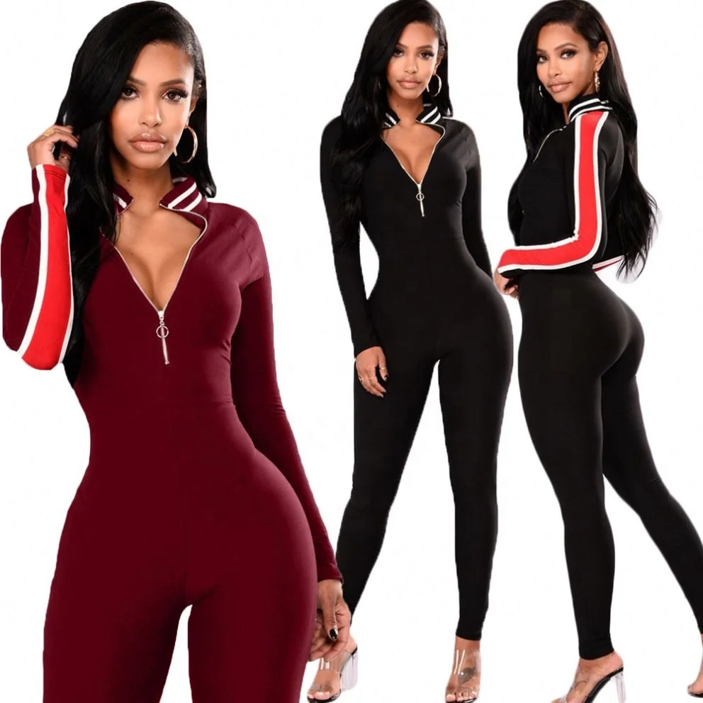 

BN028 Women Zipper Striped Sport Long Sleeve Jumpsuit