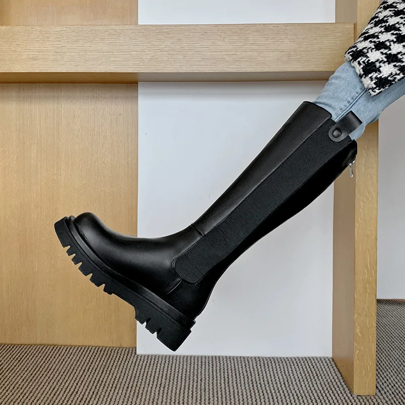 

S064 Western Knight Mid Calf Women Thick Sole Genuine Leather Boots, Black