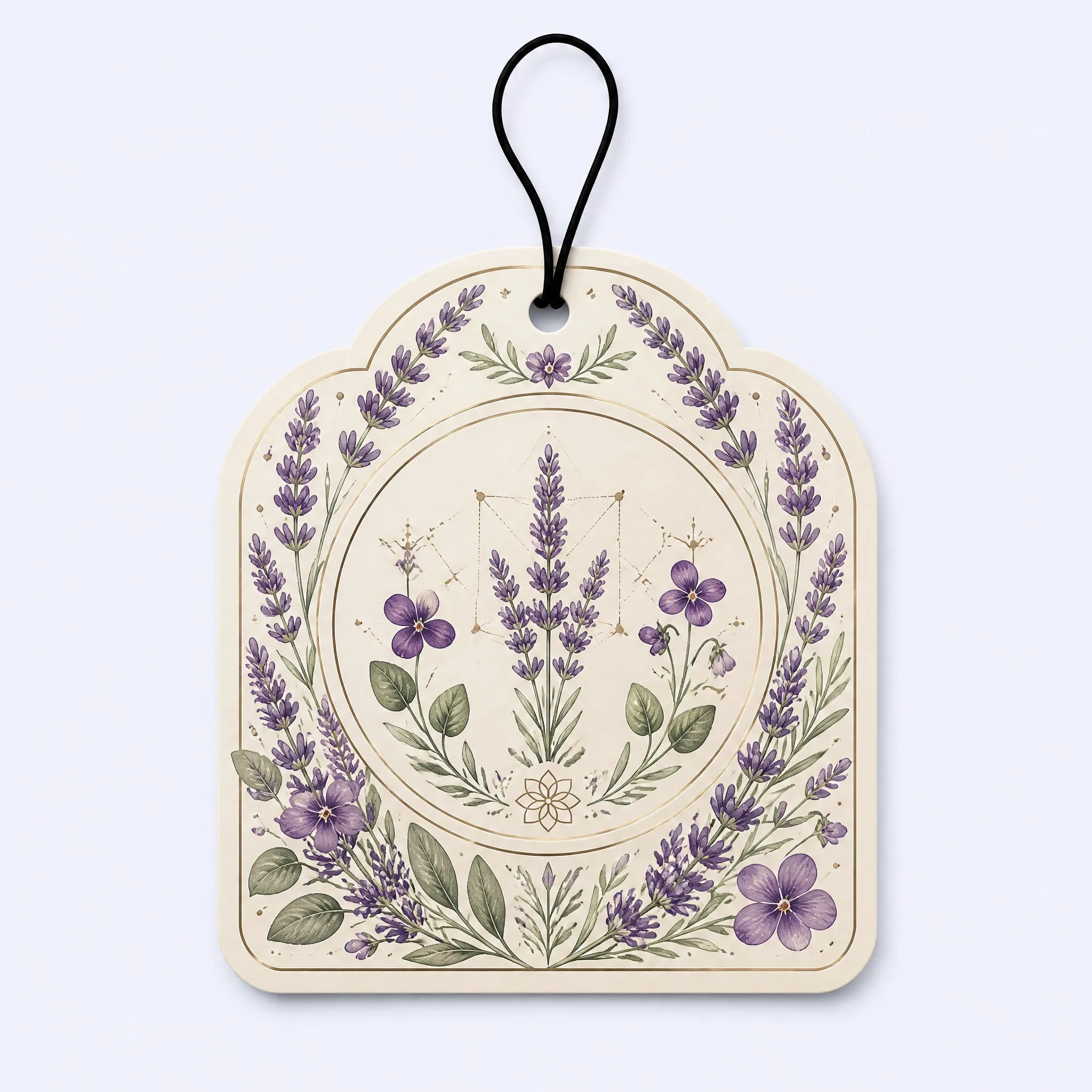 Custom French Lavender and Wild Violet Car Air Freshener Front View with Arched Frame