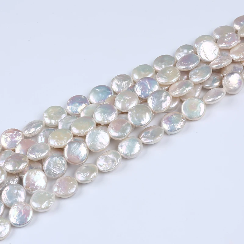 

14-15mm White Natural Loose Beads Freshwater Coin Pearl Strand, White(customized)