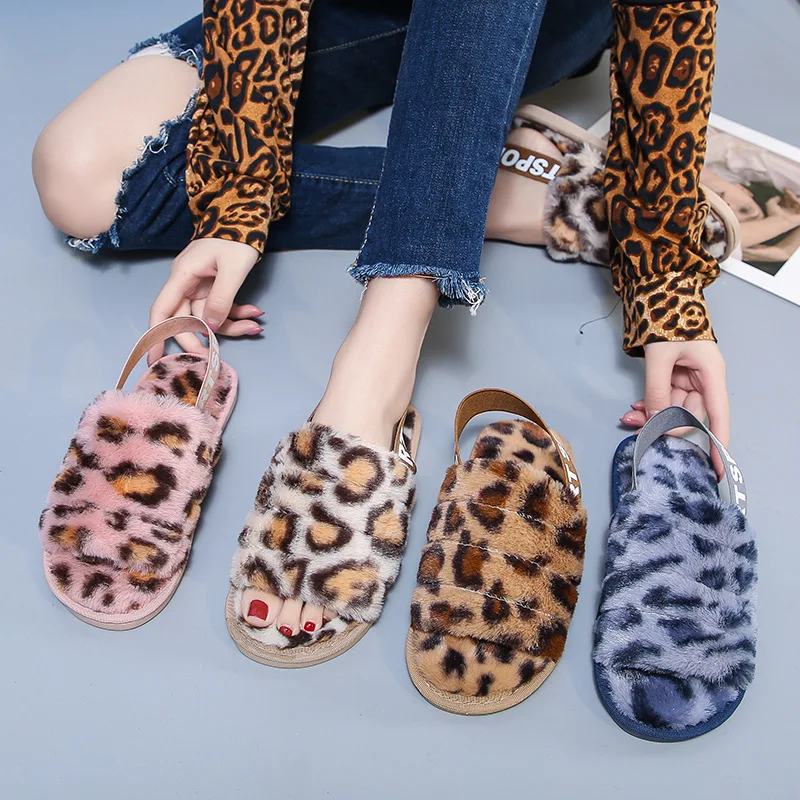 
Wholesale High Quality Sexy Leopard Fur Sandals Slides With Matching Bag Warm Furry Ladies Sandals Slides Footwear Custom Logo 