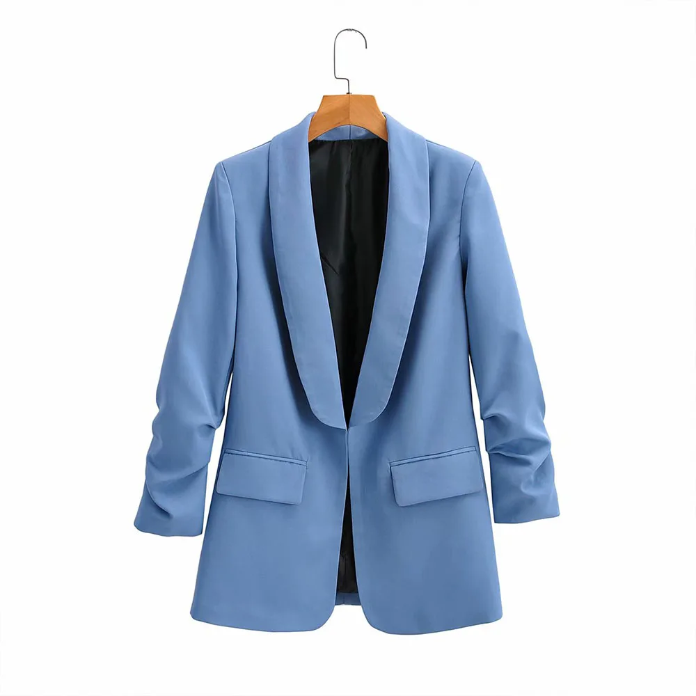 

Women 2021 New Fashion No Deduction Blazer Coat Vintage Lapel Folds Long Sleeve Lattice Female Outerwear Chic, Picture