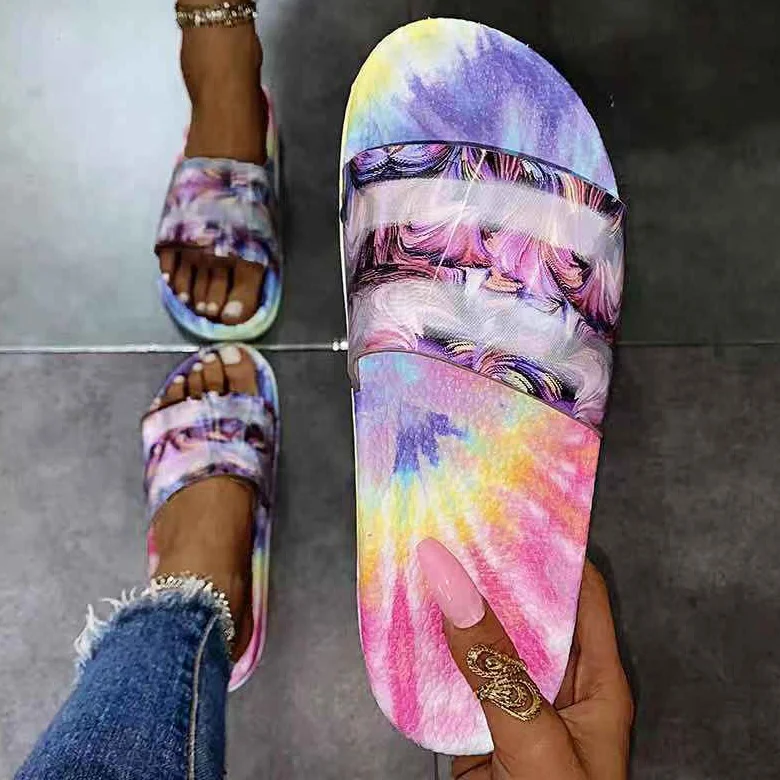 

Tie-dye Single Band Thick Sole Ladies Slippers Round Open Peep Toe Women's Slippers Summer Slip on Slides Shoes, Purple,blue,pink