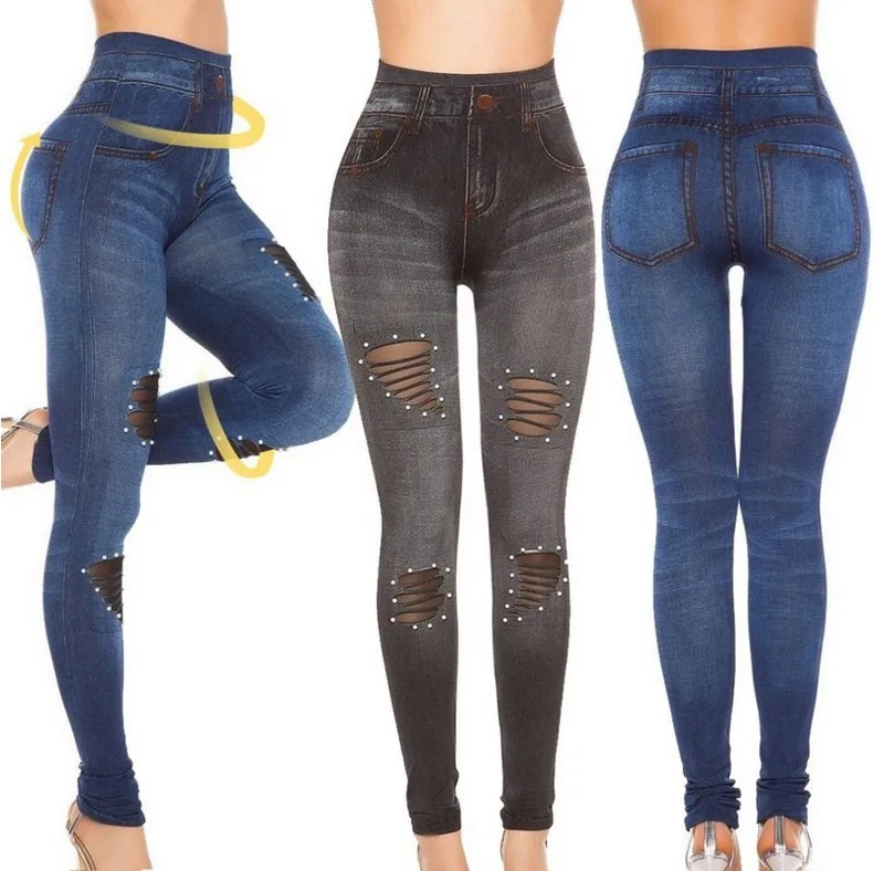 

Women Sports Gym Leggings Seamless Jean printing Ripped Pants Tight High Waist Leggings, As picture show