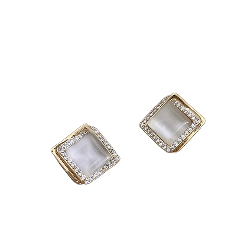 

Korean Net Red Temperament Design Sense Opal Square Full Diamond Personality Simple Temperament Earrings Earrings Women