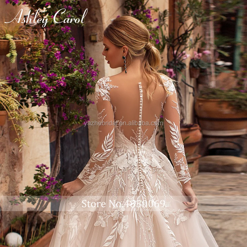 Sexy V-neck Appliques Tulle Wedding Dress 2020 Illusion Backless Long Sleeve Princess Boho Lace Wedding Gowns