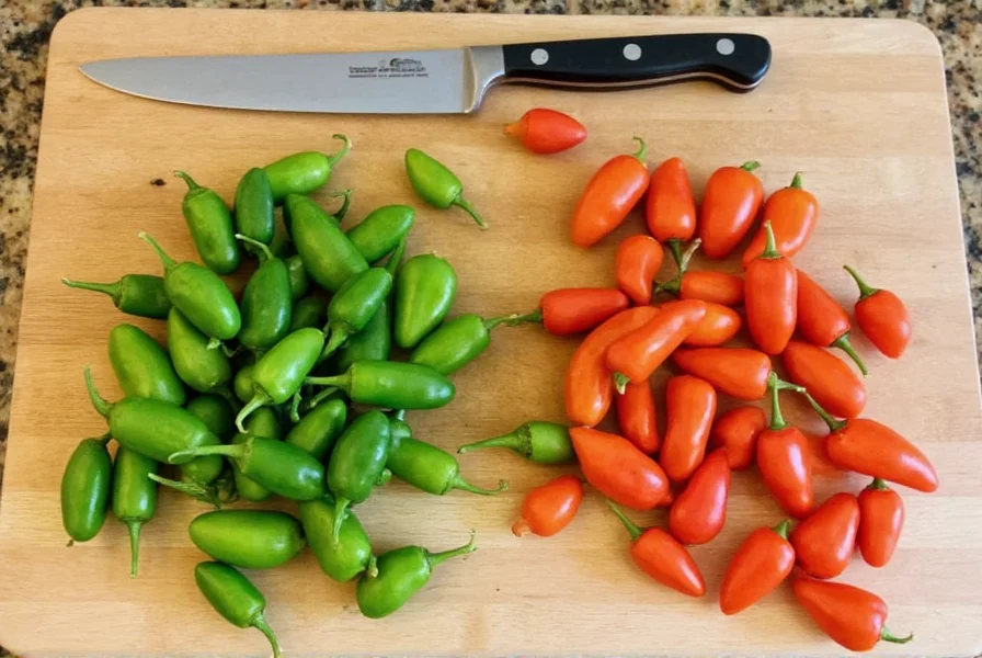 Side-by-side comparison of fresh Fresno chilies and jalapeños on cutting board with knife