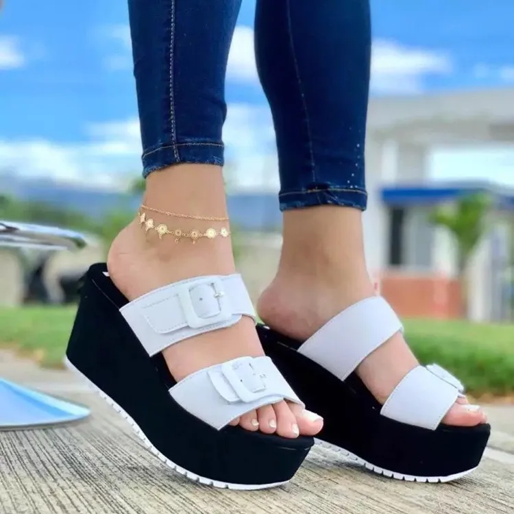 

Hot Trendy women outdoors soft colorful slides ladies platform buckle sandals, White,pink,blue