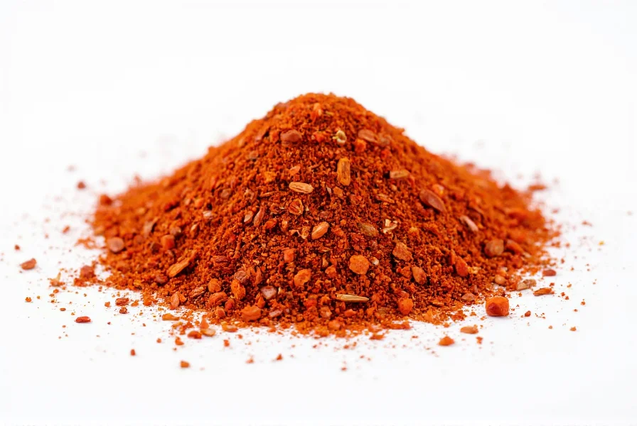 Close-up photography of crushed red chili flakes on white background showing texture and color variation