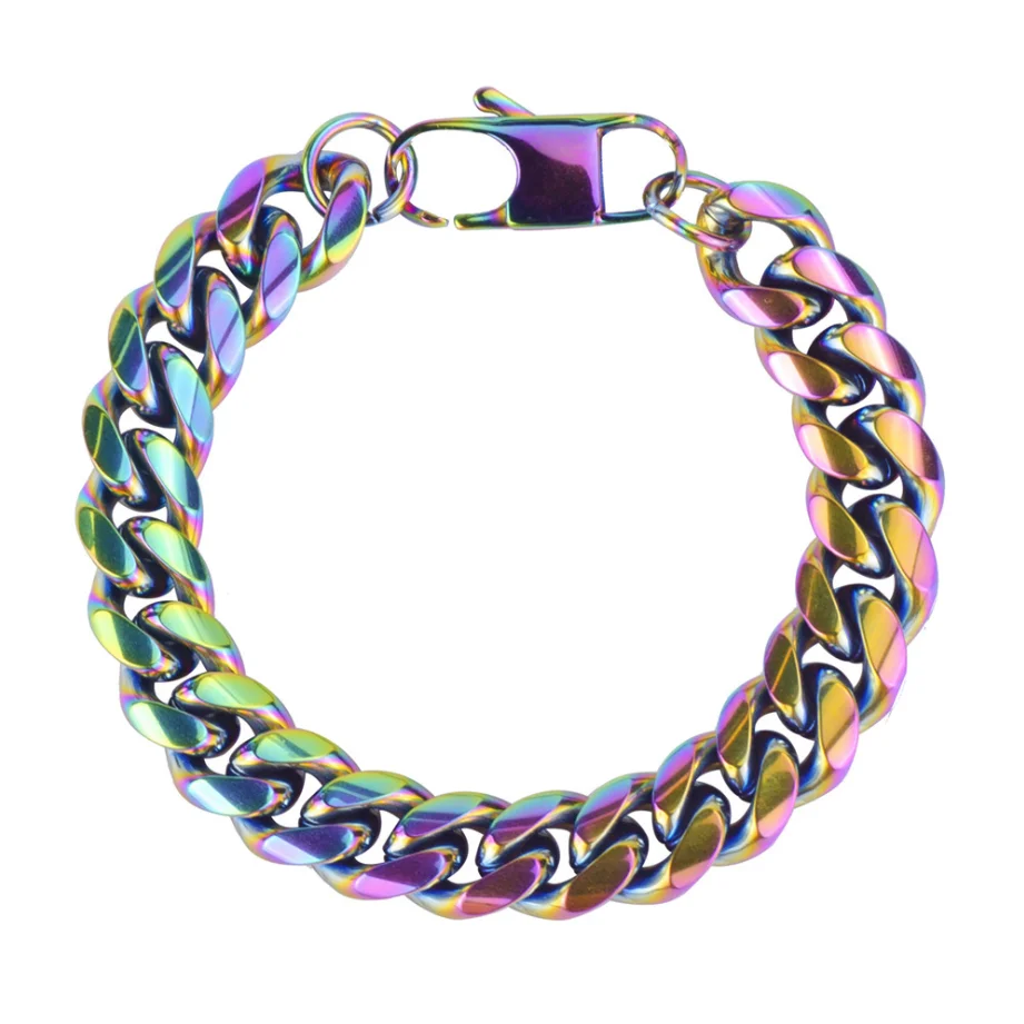 

Rainbow Quenched 316L Stainless Steel Cuba Necklace Colorful Hip Hop Bungee Cuba Chain Bracelet Luxury Men Chains 6/8/10/12/14MM, Silver/18k gold/ rose gold/ rainbow