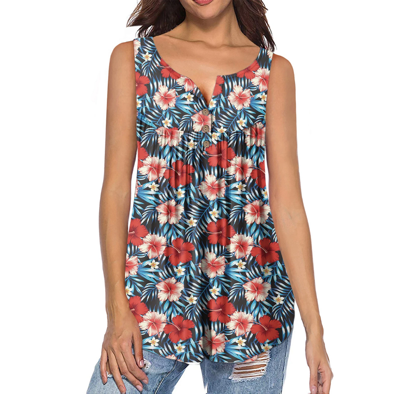 

Wholesale 2020 Summer Women V-neck Hawaiian Floral Printing Plus Size Sleeveless Vest Pleated Loose Ladies Button Tank Top