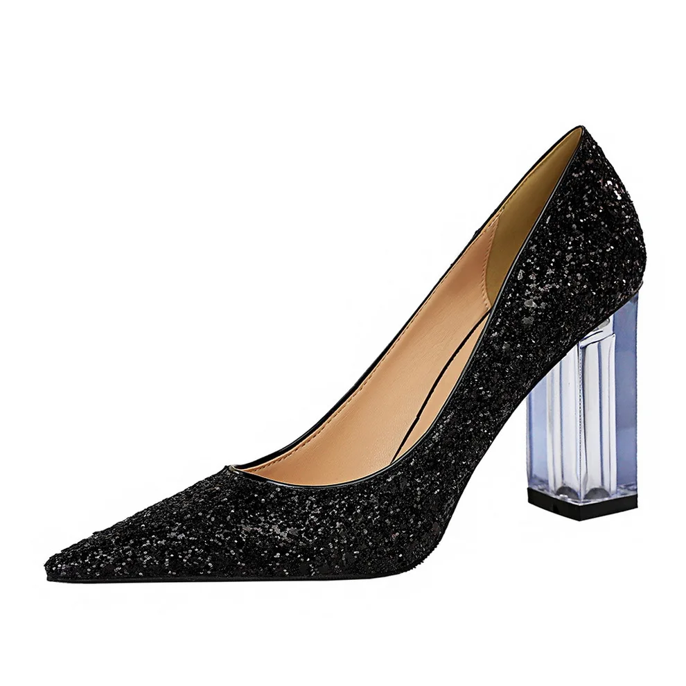 

Hot Sale Banquet Ladies High Heels Plus Size Candy Color Crystal Heel Bling Sequins Pointed Party Women's Pumps