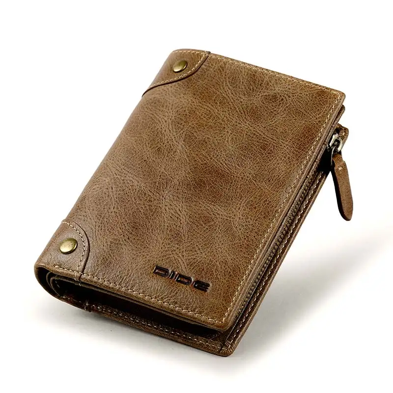 

DIDE Custom Genuine Leather Men Card Holder Wallet with Zipper pocket for Key and Coin, Khaki/dark brown/ customized color