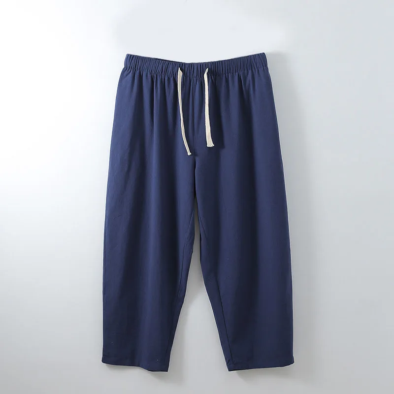 

2021 Men's big yards of cultivate one's morality thin loose flax elastic leisure trousers nine minutes of pants