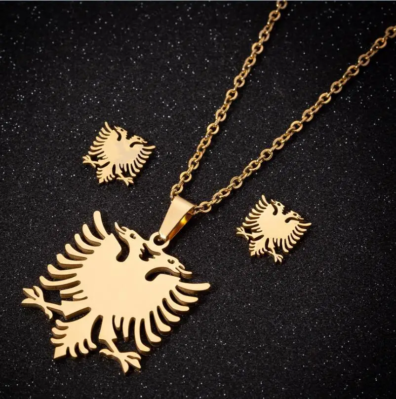 

Fashion Girls Charm Gold Silver Plated Albanian Eagle Pendant Necklace Earring Set Stainless Steel Jewelry For Women, Silver & gold color