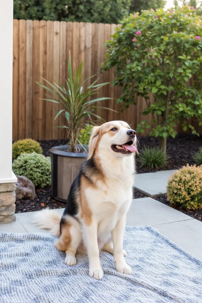 Modern backyard room with built-in pet bed and water station