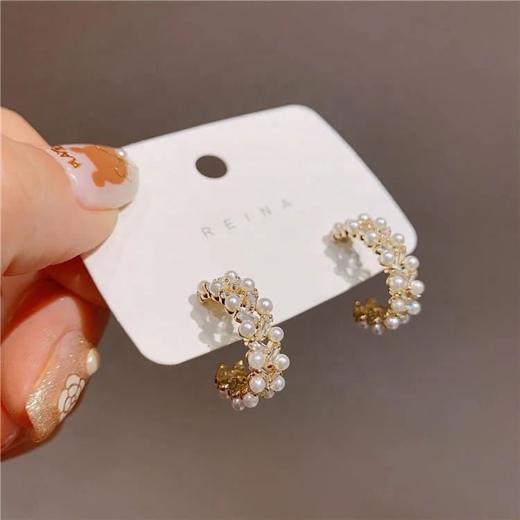 

Dainty elegant women jewelry S925 silver needle gold plated inlay shiny zircon and pearl stud hoop earrings