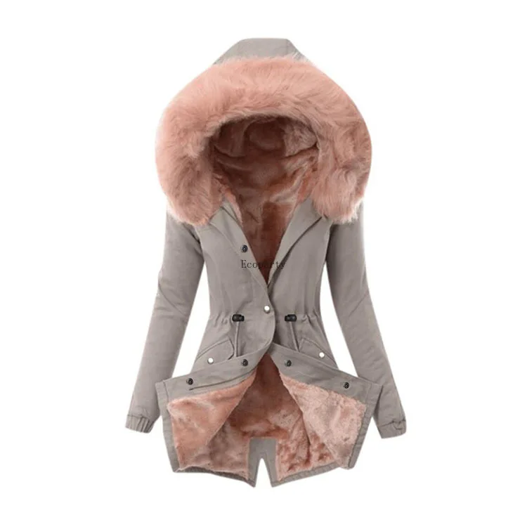 

Ladies fur collar drawstring pure color casual warm cotton coat women plus velvet jacket Coldker