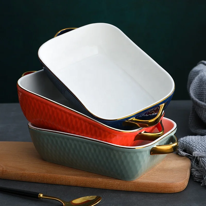 

Northern European Rectangle Oval Shape Ceramic Bakeware With Double Handle Microwave Oven plate, As pictures