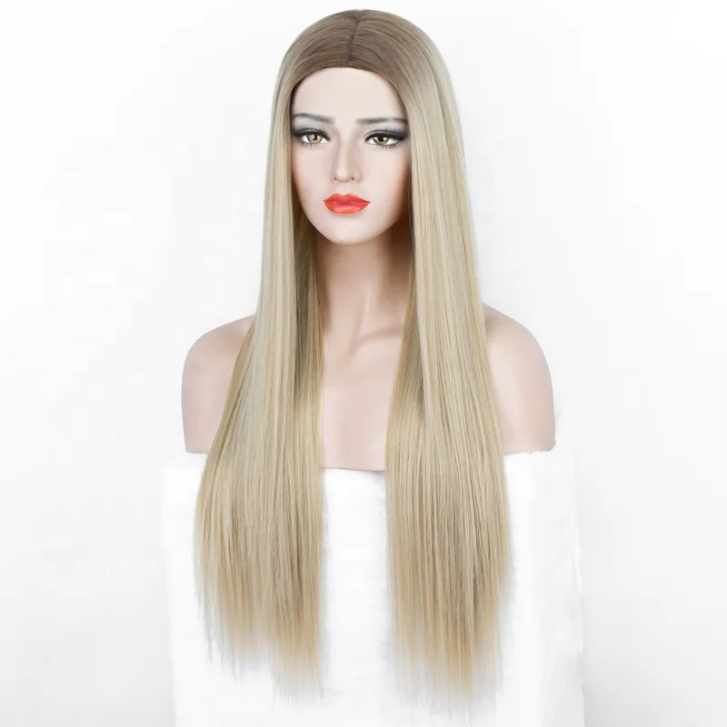 

Aliblisswig Natural Looking Dark Root Ombre Blonde Long Straight Middle Part Heat OK Fiber Hair None Lace Synthetic Wigs