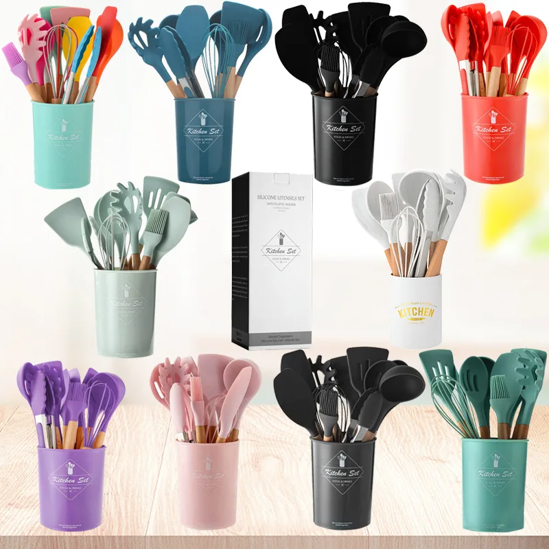 

Best Kitchenware tool Silicone cooking Kitchen Utensil Set With Wooden Handle holder Accessories Spatula Turner Ladle cookware, Customized