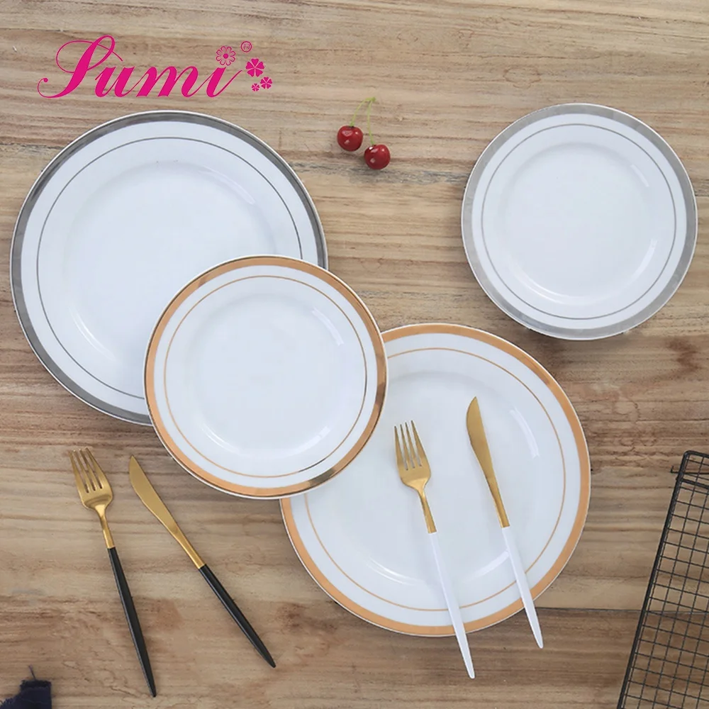 

gold rim porcelain restaurant kitchen ceramic dinner plate set plates sets dinnerware, 4 color(gold and platinum)