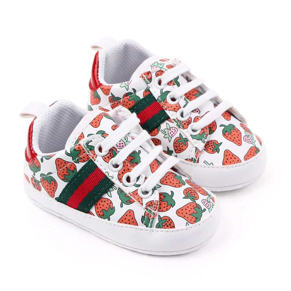 

2020 New style pu leather Strawberry print anti-slip new born Baby Casual Shoes, Red