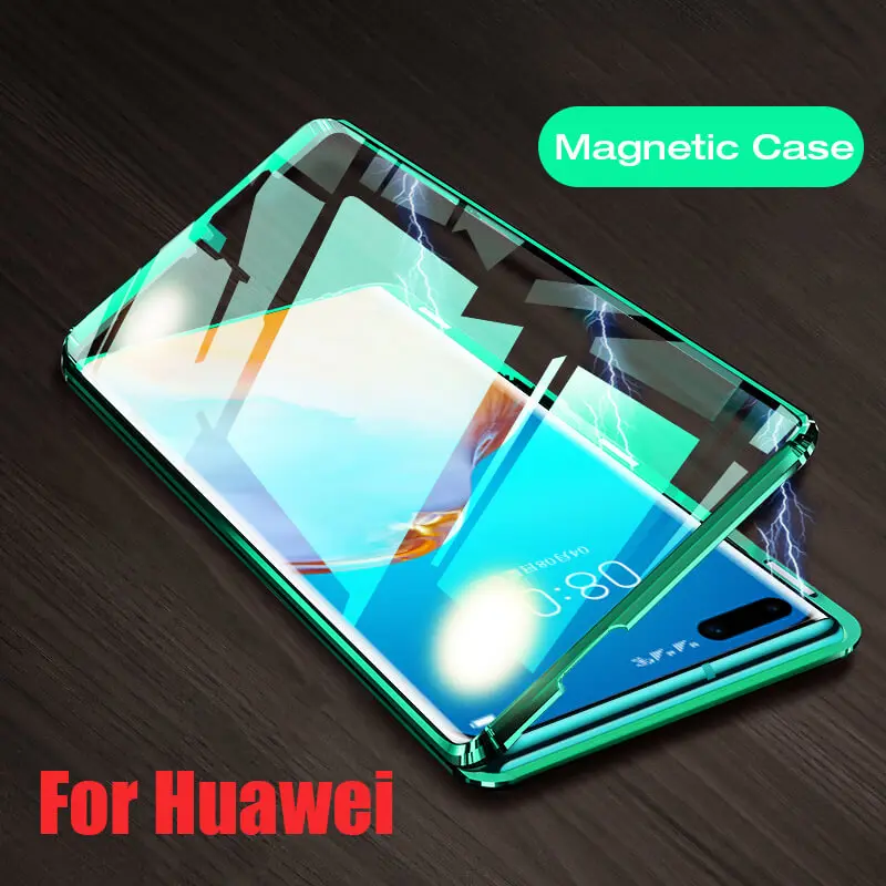 

Metal Magnetic Double Side Glass Phone Case For Huawei P40 P30 P20 Mate 20 30 Pro Phone Cover For Huawei P20 P30 Lite Flip Case