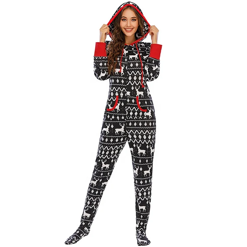 

Winter long sleeve black Christmas Patten hooded christmas onesie for women
