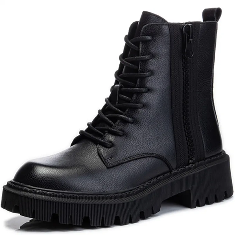 

Dropshipping Custom Logo Winter Ankle Leather Black Platform Side Zipper Motorcycle Boots Women Lace Up Fashion Shoes Woman