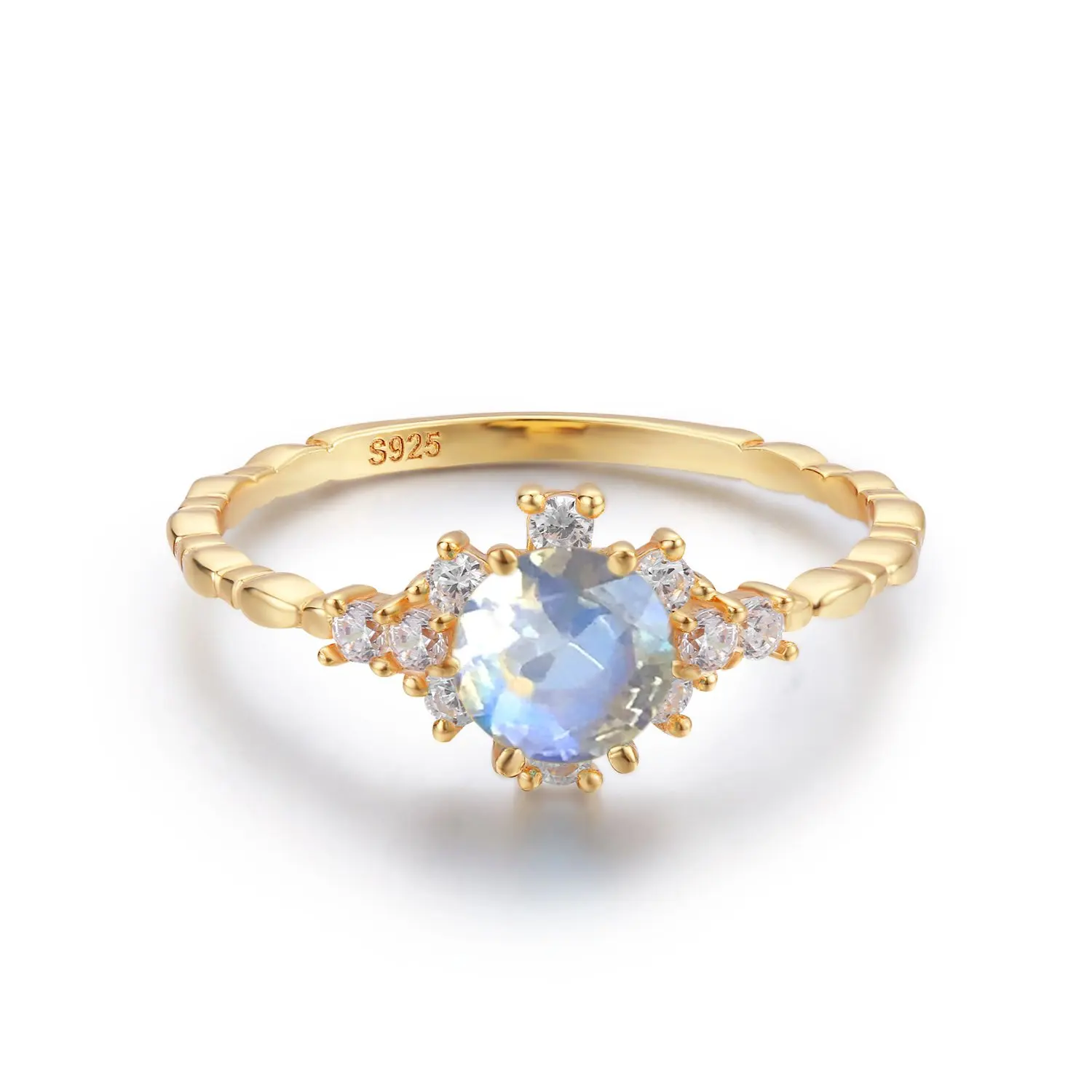 

Yellow Gold plating 925 Sterling Silver CZ Jewelry Round Natural Blue Moonstone Ring
