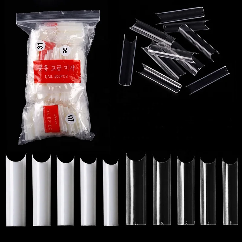

Hot Selling 500pcs/bag Coffin Tips XXL Long C Curved Half Cover Acrylic False Nails Tips, Clear natural