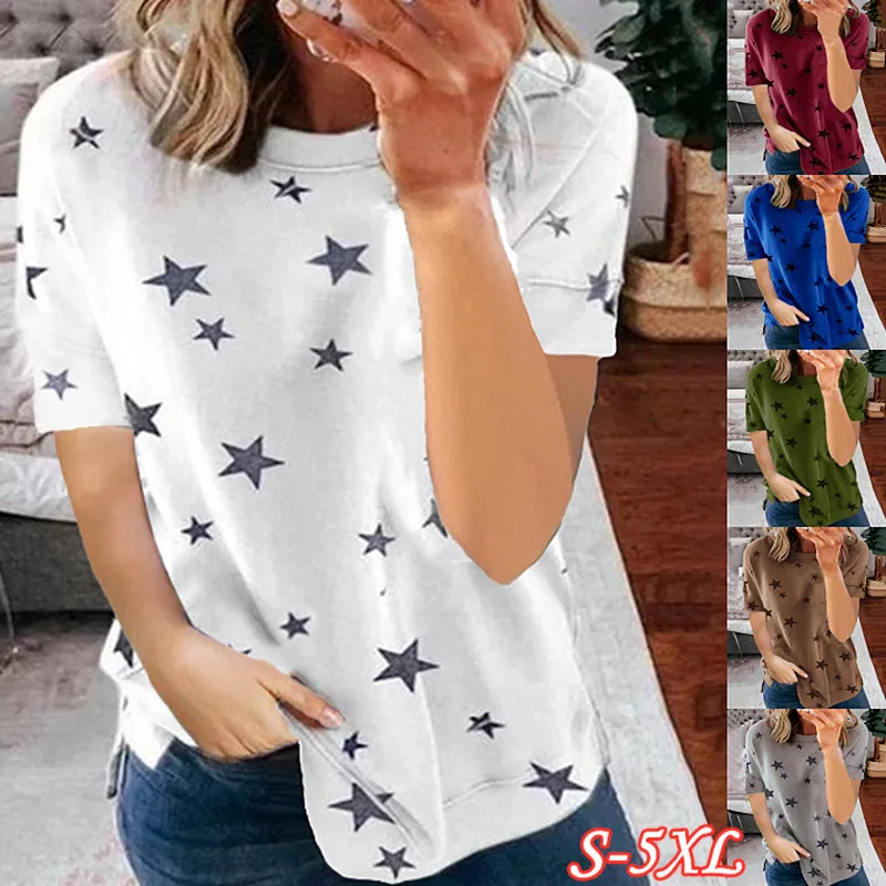 

2021 summer hot sale star short-sleeved printing stitching fashion plus size top in stock, Picture showed