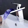 Deck mounted led wash basin faucet chrome finished waterfall led basin faucet tap