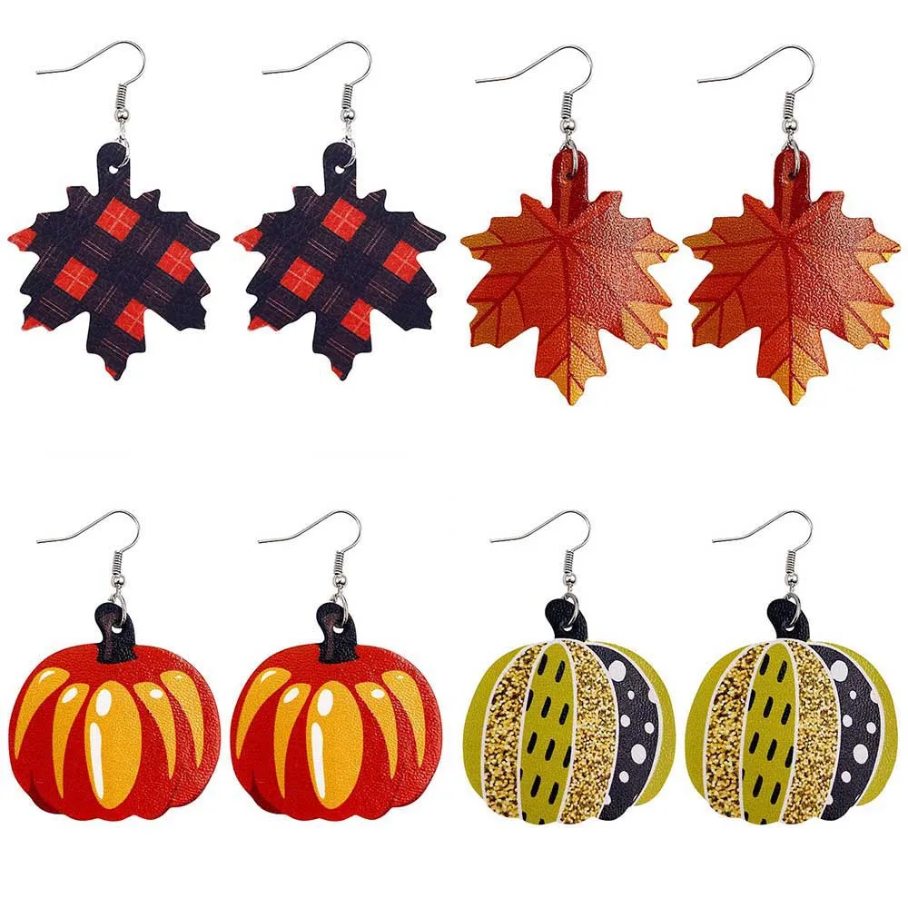 

American Festival Gifts Thanksgiving Day Halloween Pumpkin Earrings Jewelry Colorful Festival Holiday PU Leather Drop Earrings