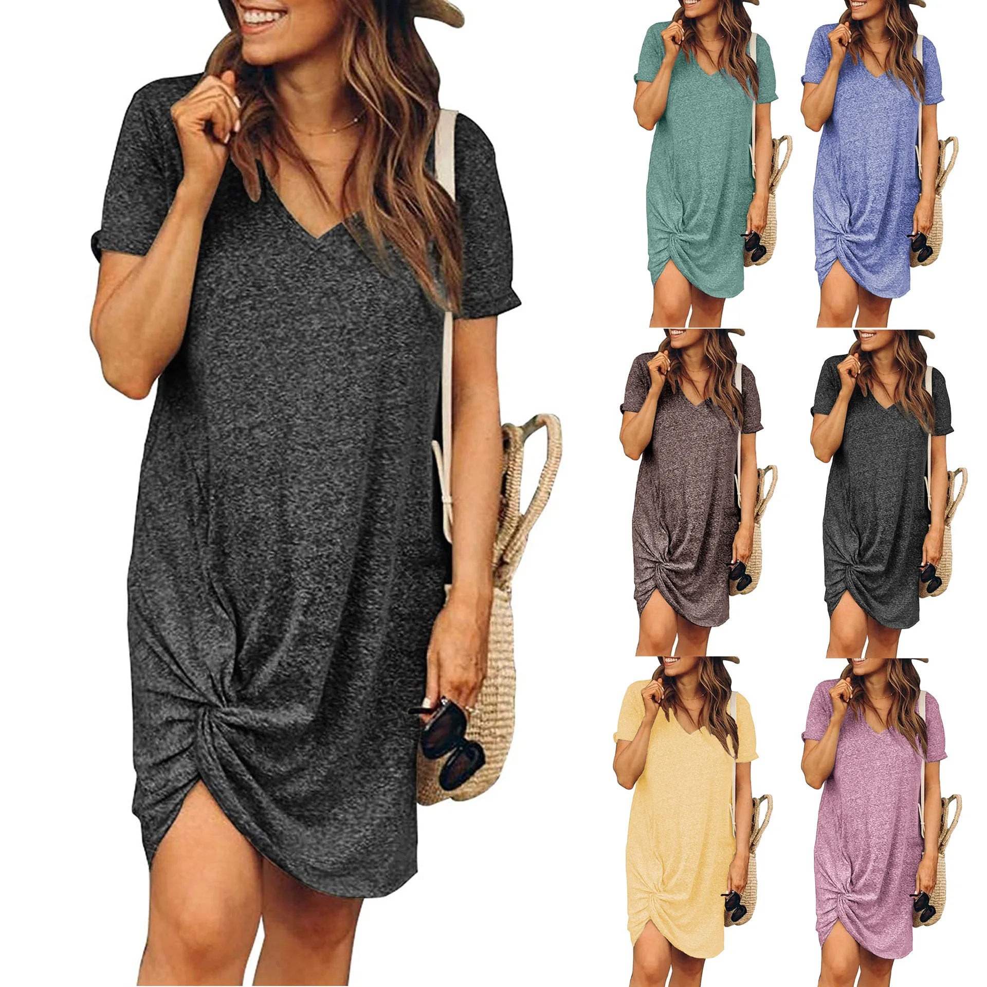 

cotton dress women summer casual 2021 new arrivals casual dress v-neck plain color bandage clothing vendors