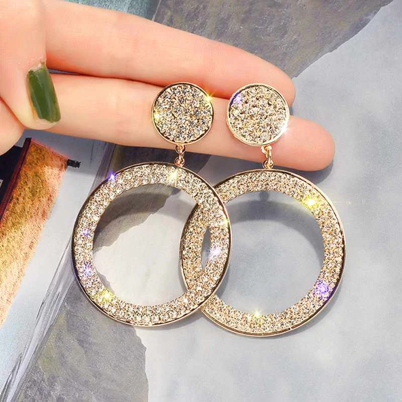 

European And American Fashion Geometric Round Earrings Full Of Diamonds Temperament Exaggerated Circle Earrings Women, Picture