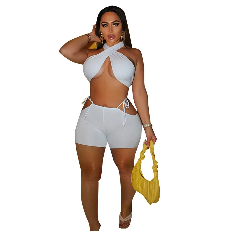 

Summer Chic Ladies Suit Street Style Solid Color Breathable Sweat-absorbent Sports Suit Top and Shorts two-piece suit