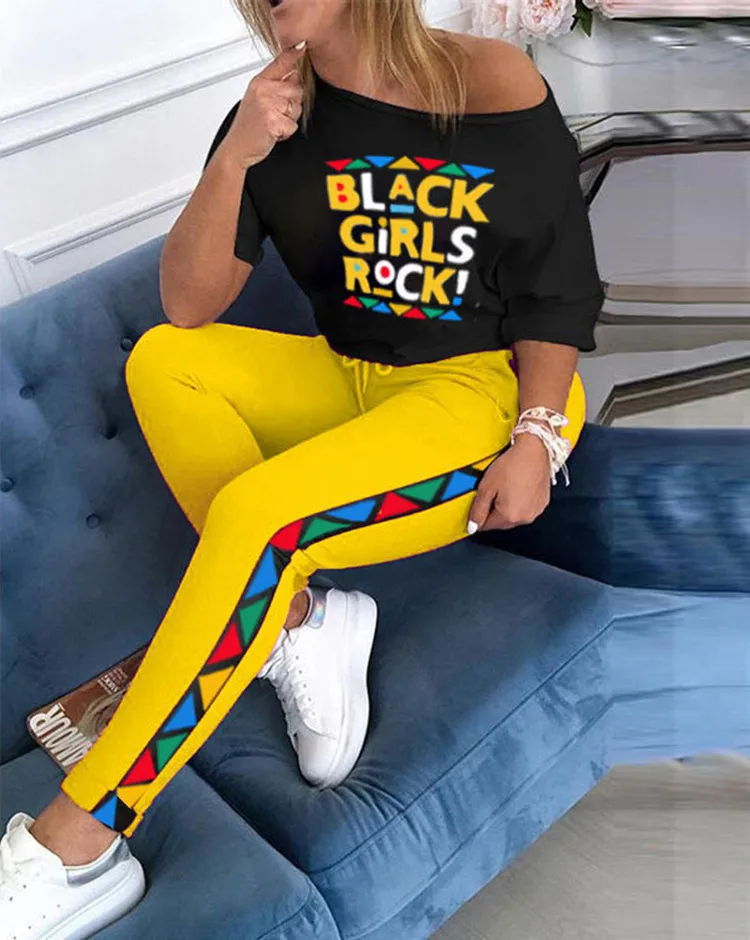 

2021 Autumn New Casual Women Plus Size Loose Print Letters T shirt and Pants Suit Fashion Two Piece Pant Set For Women, As the picture