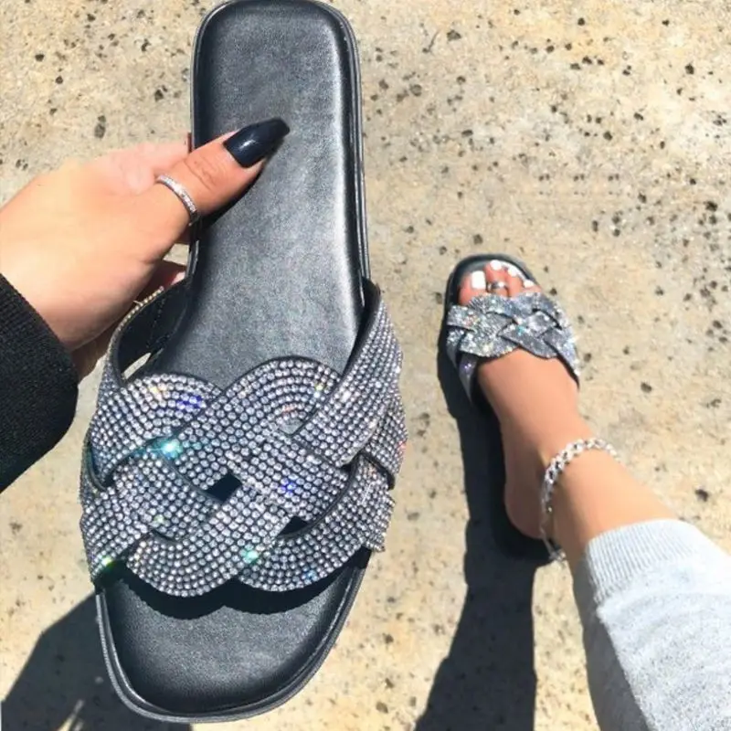 

Crystal Diamond 2 Strap Upper Women'S Slippers Purse And Slides Clear Sandals With Gold Stones
