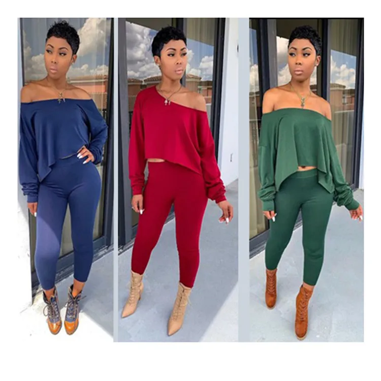 C4032 Fashion slopping shoulder longsleeve 2 piece pant set women fall clothing 2019 hot sale