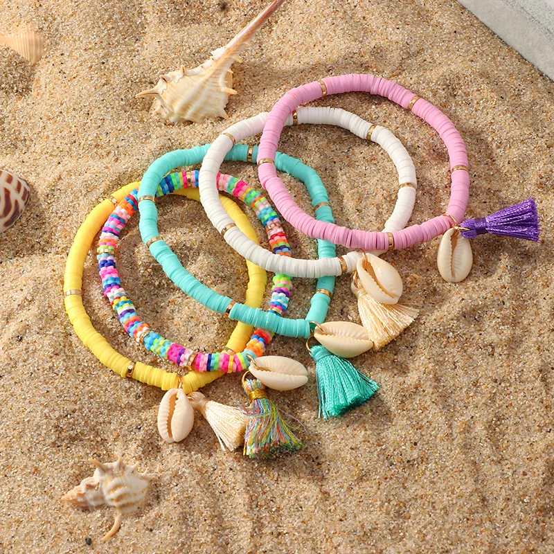 

Hot Handmade Jewelry Bracelets for Women Fashion Colorful Polymer Clay Beads Bracelet with Shell Tassel Bracelets for Girl, Picture shows